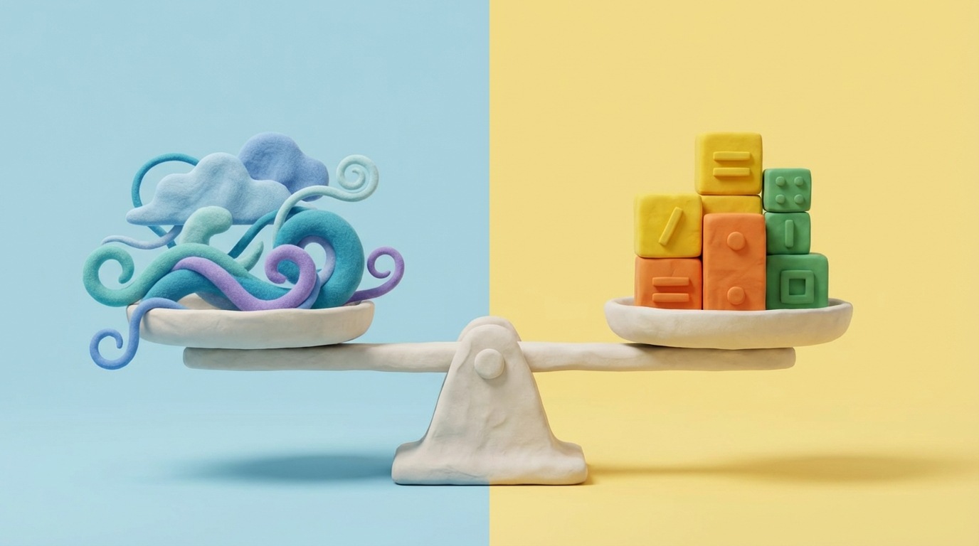 A balanced scale with two distinct sides. On one side, abstract, flowing lines and soft, organic shapes represent intuition. On the other side, crisp, geometric blocks and numerical symbols represent data. The scale is perfectly level, indicating a harmonious balance between the two. A clean, minimalist background with soft, contrasting colors for each side.