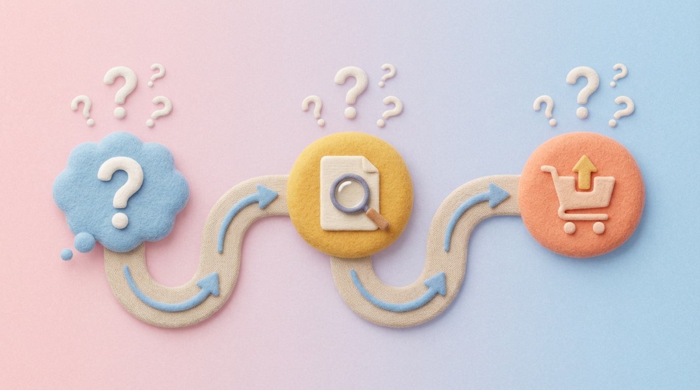 A stylized map or interconnected chart representing a customer journey. It shows different stages labeled with simple icons (e.g., a question mark for "Awareness," a research icon for "Consideration," a shopping cart for "Decision"). Small question marks above each stage indicate customer emotions or questions. The path is clear, with arrows guiding the eye from left to right. A light, warm color palette with distinct colors for each stage.