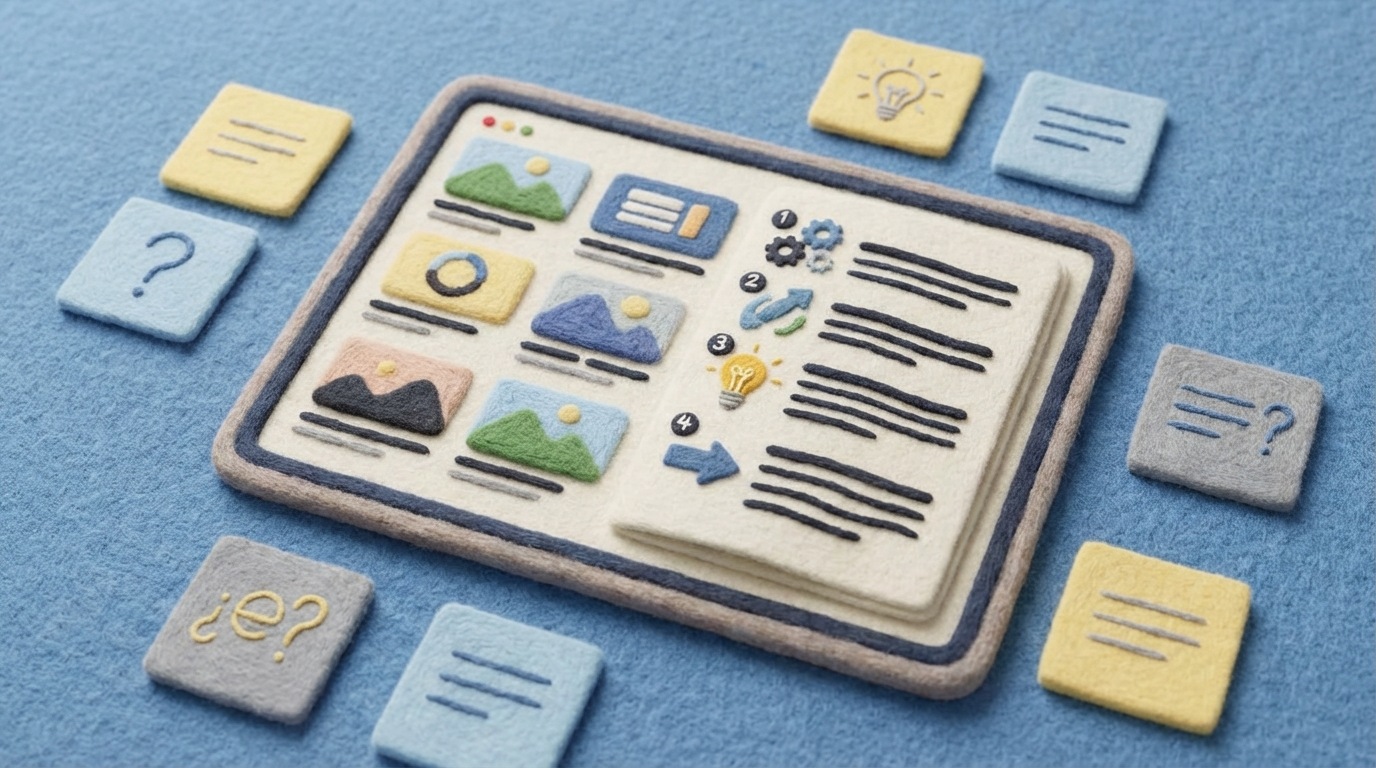 A neatly organized blog layout on a tablet screen, displaying a series of article thumbnails and titles. One prominent article is open, showing a clear, step-by-step instruction guide with numbered points and simple explanatory icons. Surrounding the tablet are a few casually placed sticky notes with quick ideas or questions, suggesting ongoing content creation. The overall mood is informative and helpful. The color palette is clean and modern, with a focus on readability and clear navigation, using soft blues, grays, and whites.