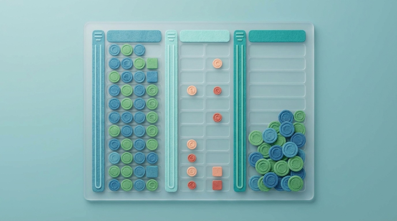 A meticulously organized, transparent financial ledger with several columns and rows. The columns are labeled "Recurring Income," "Expenses," and "Profit," with clear, stylized currency symbols. Various entries show consistent, positive figures in the income column and smaller, consistent figures in the expenses column, leading to a healthy profit at the bottom. The ledger has a clean, minimalist design, suggesting clarity and order in financial management. The color palette is predominantly cool blues and greens, conveying a sense of stability and trust. Viewed from a slightly overhead, clean perspective.