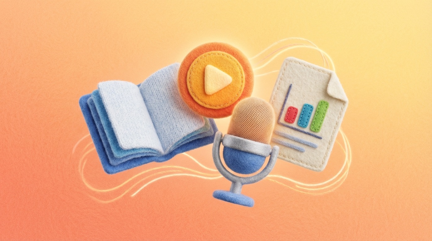 A vibrant array of various content formats: a stylized open book, a video play button icon, a microphone (for webinars), and a document with a chart. These elements are arranged dynamically, some slightly overlapping, and emanating soft, glowing lines of information, suggesting value and knowledge. The background is a gentle gradient of warm, inviting colors (e.g., soft orange to yellow), conveying a positive and educational atmosphere.