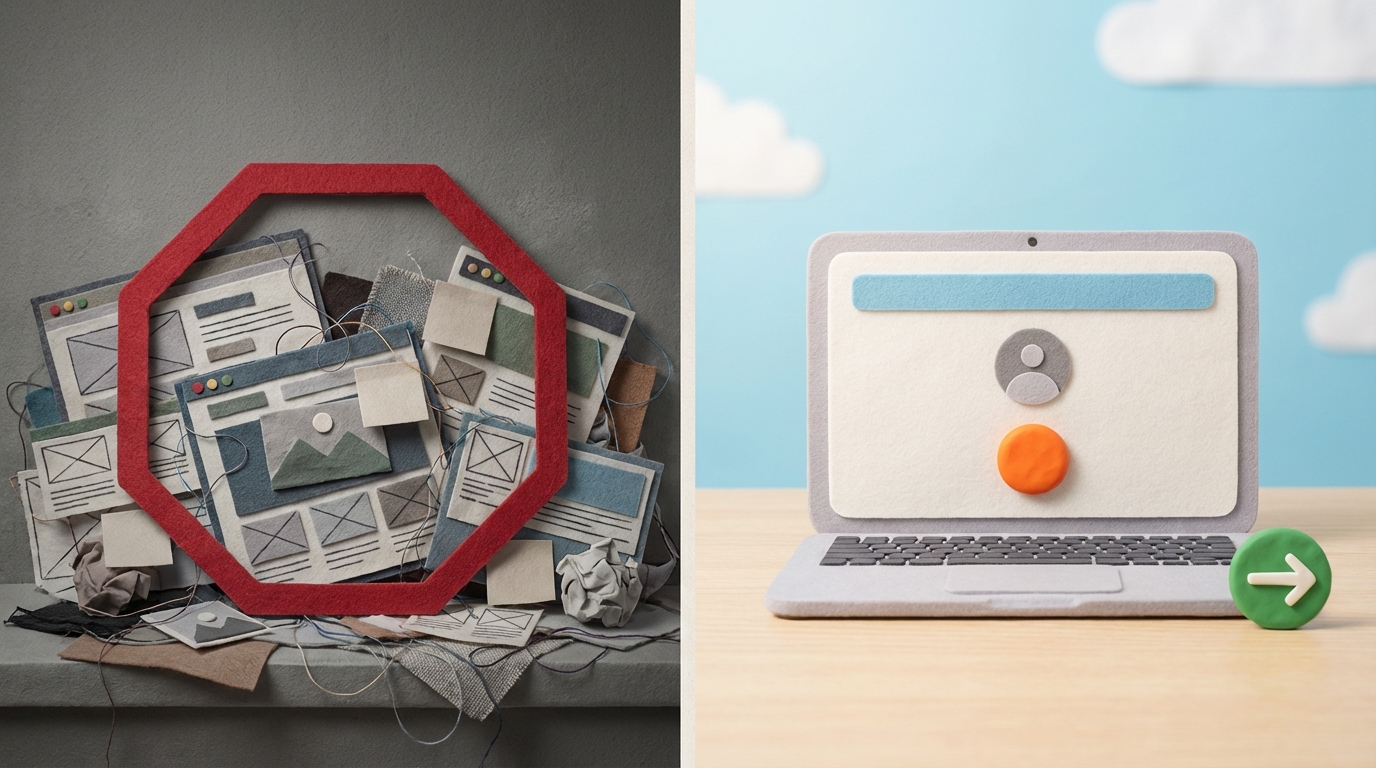 A two-panel composition, side-by-side. The left panel depicts a complex, unfinished website design with multiple overlapping layers, detailed mockups, and scattered sticky notes, implying a large, costly development process. A large, red 