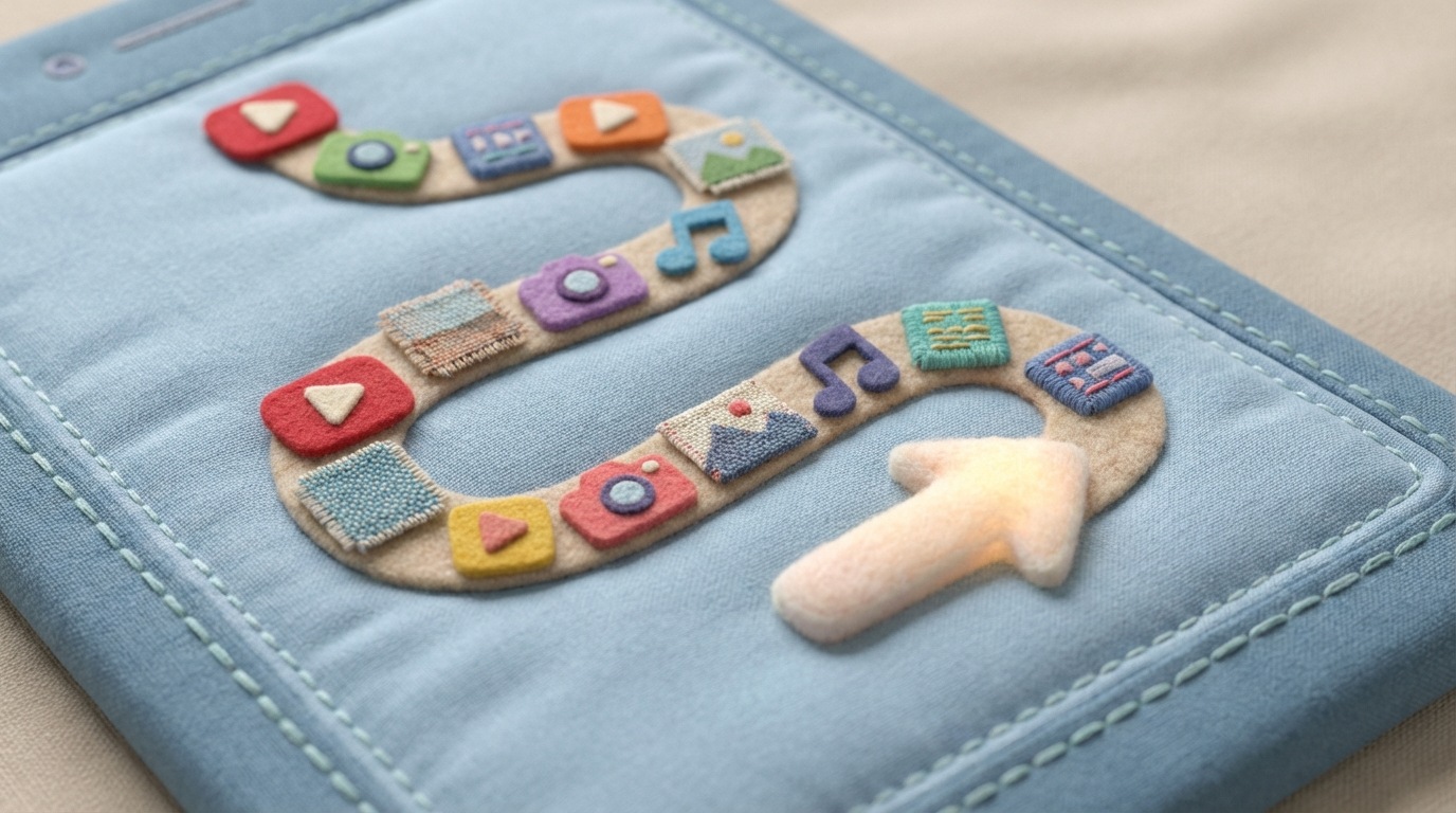 A stylized, winding path on a digital screen, composed of various visual elements like icons, small images, and video thumbnails, interspersed with short text blocks. A subtle, glowing arrow guides the eye along this path, illustrating how visuals create a seamless and engaging journey through the content. The background is a clean, modern interface, highlighting the visual flow and making the information digestible. The color scheme is harmonious and inviting.