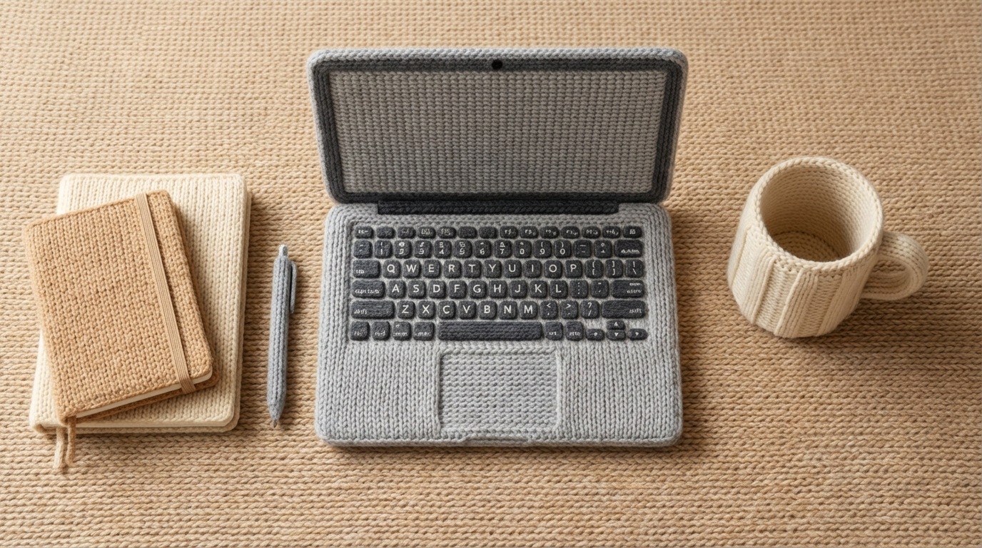 A top-down view of a clean, organized desk. A laptop is centered, with notebooks and a pen to the left, and a coffee mug to the right. The composition is minimalist and focused. The color palette is neutral, featuring wood tones and grayscale accents.