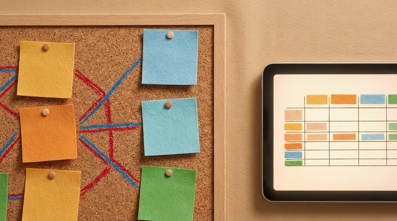 A close-up shot of a large corkboard covered with various colorful sticky notes, each with a simple keyword or short phrase. Some notes are connected by drawn lines, forming a rudimentary process flow. Alongside the corkboard, a partially filled spreadsheet on a tablet screen is visible, showing columns of data. The scene emphasizes low-tech, accessible tools for organization and mapping. Warm, inviting color tones.
