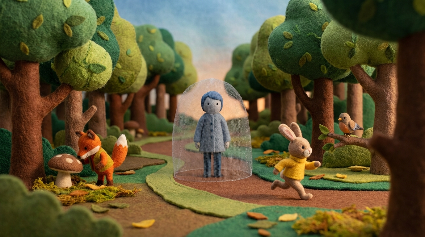 A winding path leading into a dense forest. On the path, a single figure stands motionless, looking straight ahead, but not moving forward. Other, smaller figures are seen actively exploring off-path or running ahead with purpose. The main figure is surrounded by a faint, translucent barrier, symbolizing a lack of engagement and diminished drive. Soft, natural lighting creates a contemplative mood.