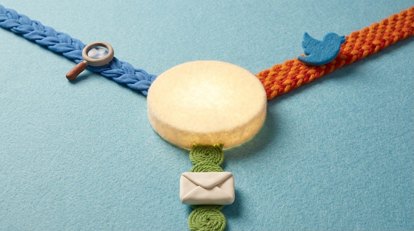 A central, brightly lit platform representing a website. Multiple distinct pathways lead to this platform from different directions, each path having a unique visual characteristic or icon representing a traffic source: a search bar icon for organic search, a social media logo for social, a mail icon for email. The paths converge, illustrating multiple entry points. Elevated view, clear and organized.