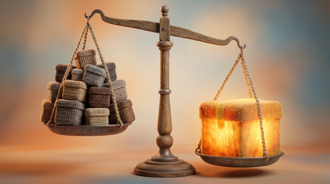 A large, balanced scale stands in the center of the frame. On one side of the scale, a stack of many small, unlabeled boxes, representing numerous unprioritized hypotheses. On the other side, a single, larger, glowing box with a prominent 