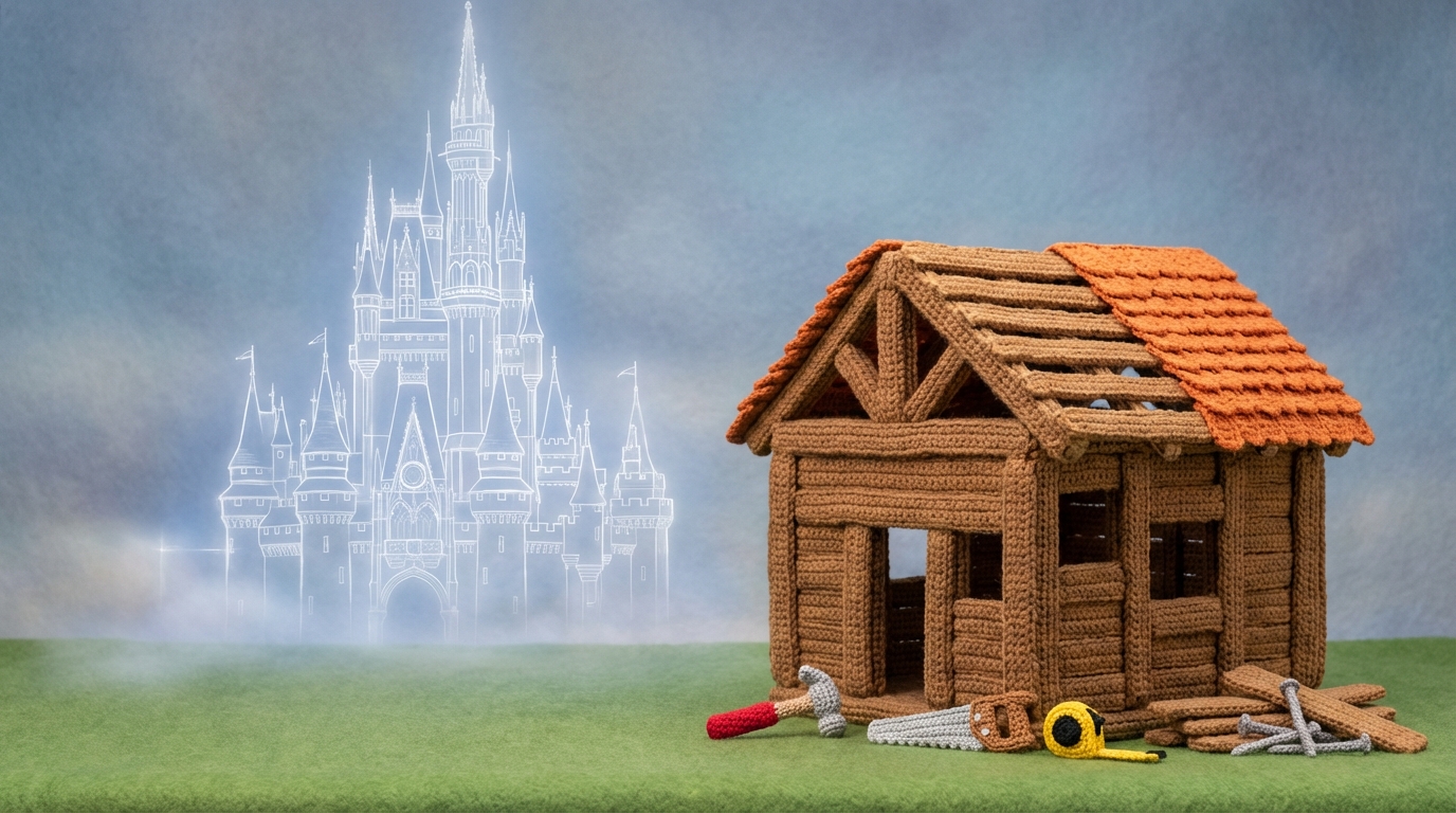 A partially built, functional structure standing firmly in a bright, open space. Tools are neatly laid out nearby, suggesting ongoing work. In the background, a hazy, towering, impossibly intricate blueprint for a "perfect" structure fades into the distance, unstarted. The mood is pragmatic and progressive. Bright, clear colors for the functional structure, with soft, unrealistic blues and grays for the blueprint. Side view, emphasizing practicality over elusive perfection.