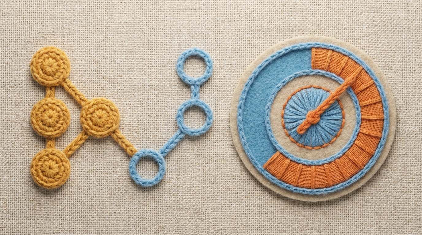 A visual representation of a progress tracker. A series of small circles or nodes are connected by lines, showing a path. Some nodes are filled in, indicating completed steps, while others are empty. A percentage indicator is prominently displayed, showing current progress. The overall feel is one of methodical tracking.