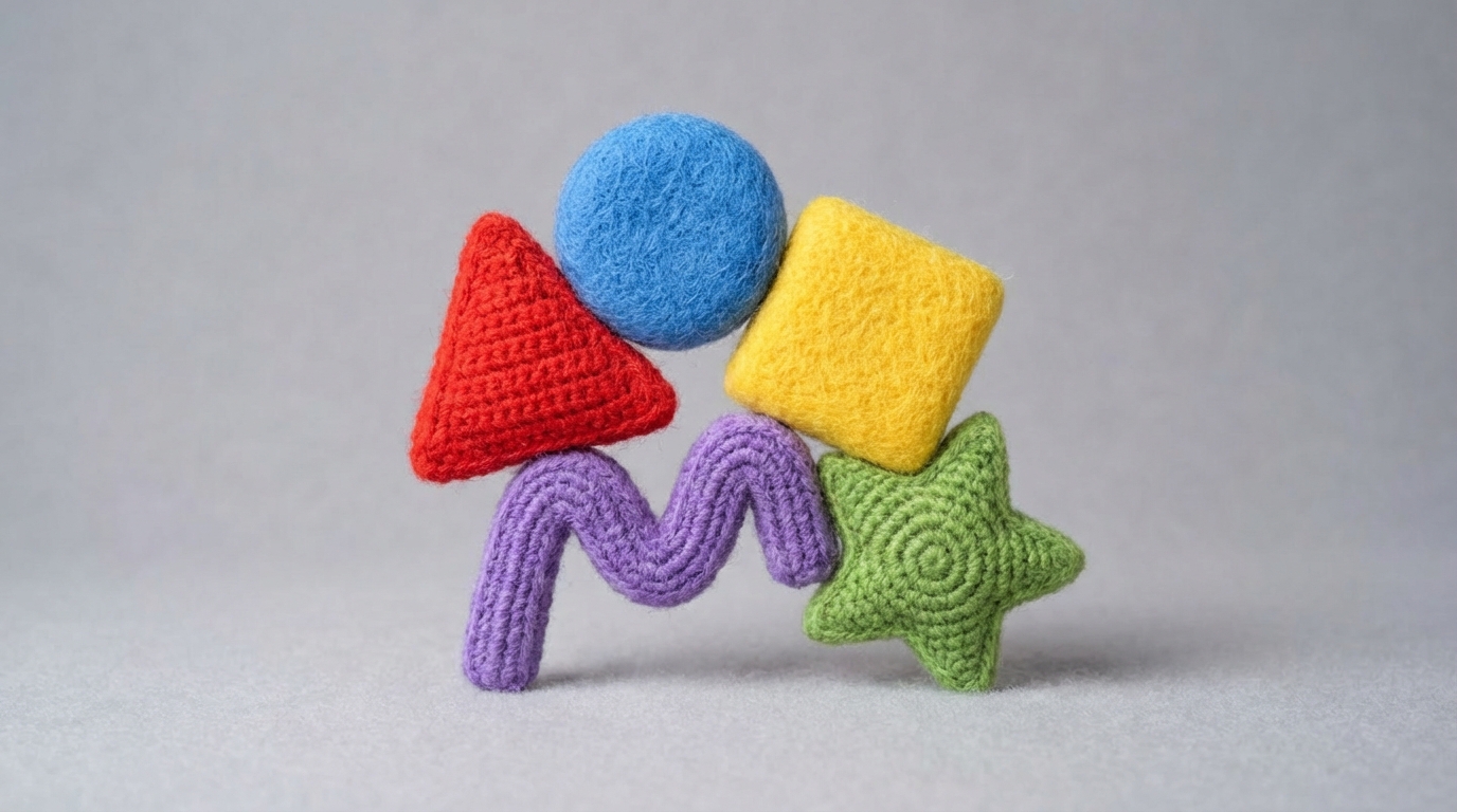 A collection of diverse, stylized geometric shapes (a triangle, a circle, a square, a wavy line, a star), each in a different vibrant color, fitting together loosely to form a larger, coherent but dynamic shape. The shapes don't perfectly interlock, but rather complement each other, leaving small gaps that suggest space for individual expression. The background is a soft, neutral gray, allowing the colorful shapes to stand out. The mood is collaborative and harmonious.