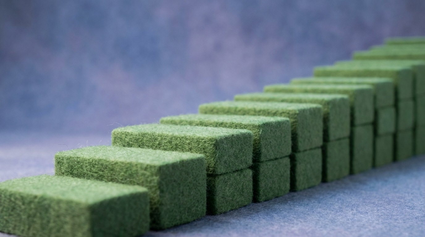 A series of identical, neatly stacked rectangular blocks or coins arranged in a consistent, upward-sloping line, extending into the distance. Each block represents a unit of recurring revenue, and their uniform appearance emphasizes predictability and stability. The line gently rises, indicating growth over time. The background is a soft, abstract gradient. The color palette features a dominant, reassuring green for the blocks, contrasted with subtle blues and purples in the background. Viewed from a low, dynamic angle, emphasizing the steady ascent.