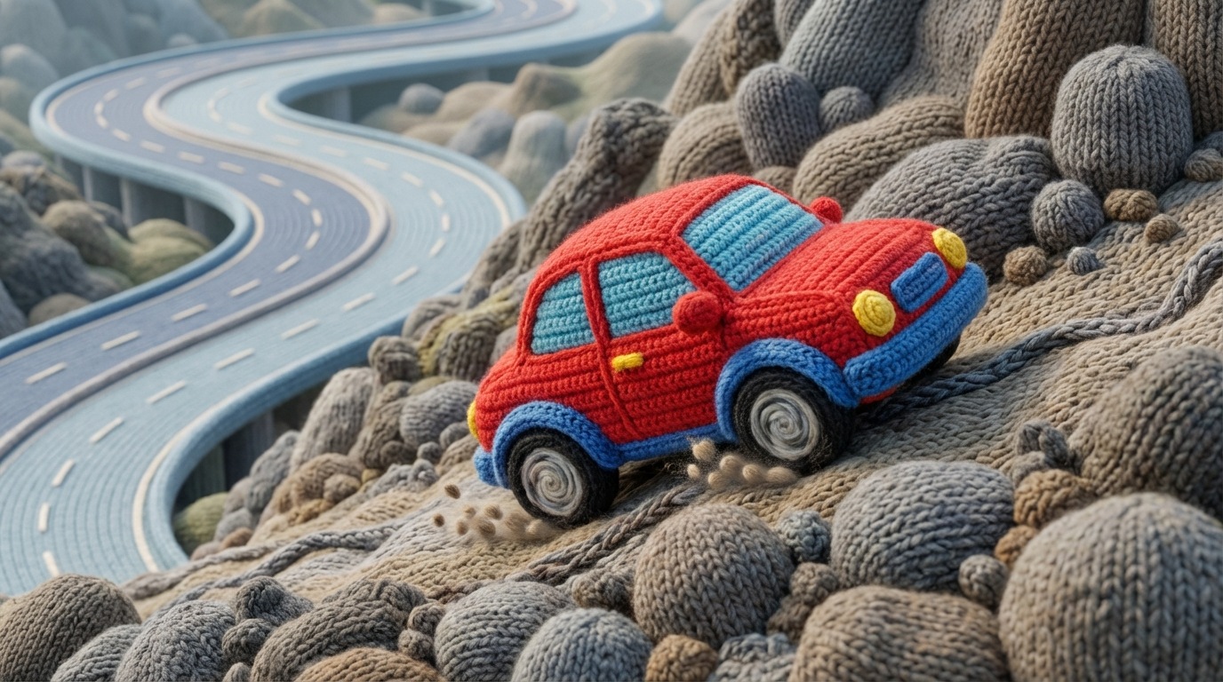 A small, brightly colored toy car, representing a new business branch, is attempting to drive up a steep, rocky, and uneven mountain road. The car looks ill-equipped for the challenging terrain, with its wheels struggling for traction. In the background, a wide, smooth, well-maintained highway represents the established, successful core business. The mountain road is full of unexpected twists, turns, and obstacles, suggesting unforeseen difficulties. The mood is ambitious but unprepared, highlighting a severe underestimation of the challenges ahead. Vibrant, optimistic colors for the car, contrasting with the rugged, challenging textures and muted tones of the mountain.