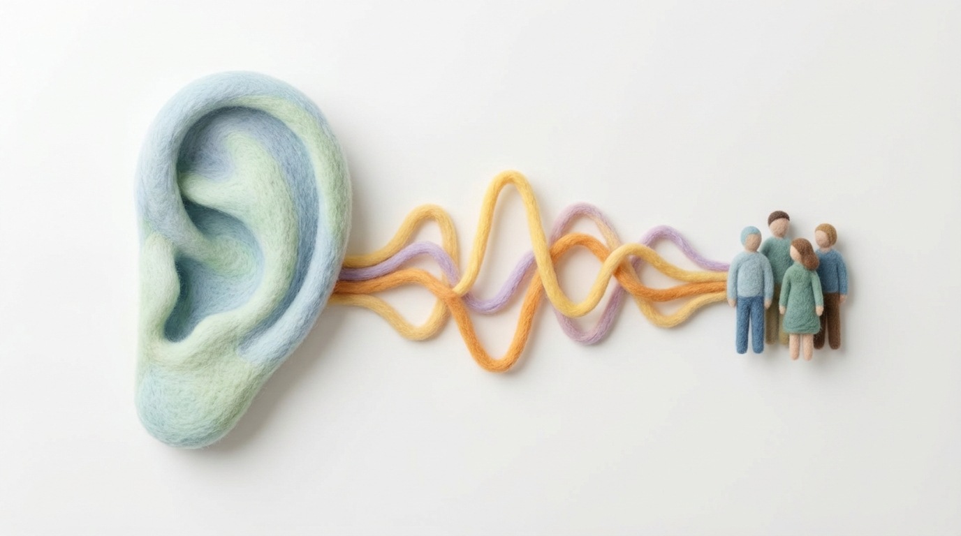 A large, abstract, stylized ear symbol dominates the left side of the composition, rendered in soft, inviting tones like pale blues and greens. From the right side, several subtle, undulating sound waves emanate from a group of indistinct, simplified human figures, flowing towards the ear. This visual metaphor emphasizes the active process of listening to customer feedback. The background is clean and minimalist, enhancing the focus on the central concept.