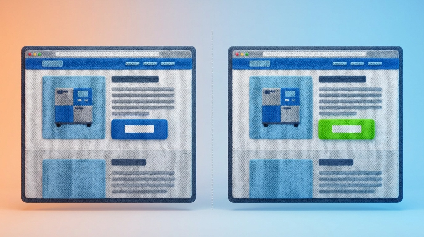 A split screen showing two identical web pages for a fictional industrial equipment product. The left screen (Version A) displays a page with a prominent, but standard, blue button labeled "Request Quote." The right screen (Version B) shows the exact same page layout and product details, but its button is a bright, contrasting green and labeled "Get Price Calculation in 5 Min." A subtle, almost invisible, dotted line vertically divides the two screens, implying a controlled comparison. The overall aesthetic is clean and professional, using a cool blue and gray palette with the button colors standing out. Viewed from a direct, eye-level perspective.
