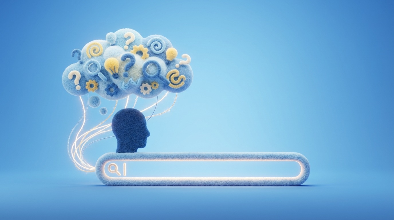 A stylized, glowing search bar dominates the foreground. Above it, a large, abstract thought cloud, composed of various keywords, questions, and problem icons, hovers over a silhouetted head. The thought cloud connects directly to the search bar via subtle, illuminated lines, symbolizing the direct translation of customer thoughts into search queries. The background is a soft, gradient blue, conveying clarity and connection.