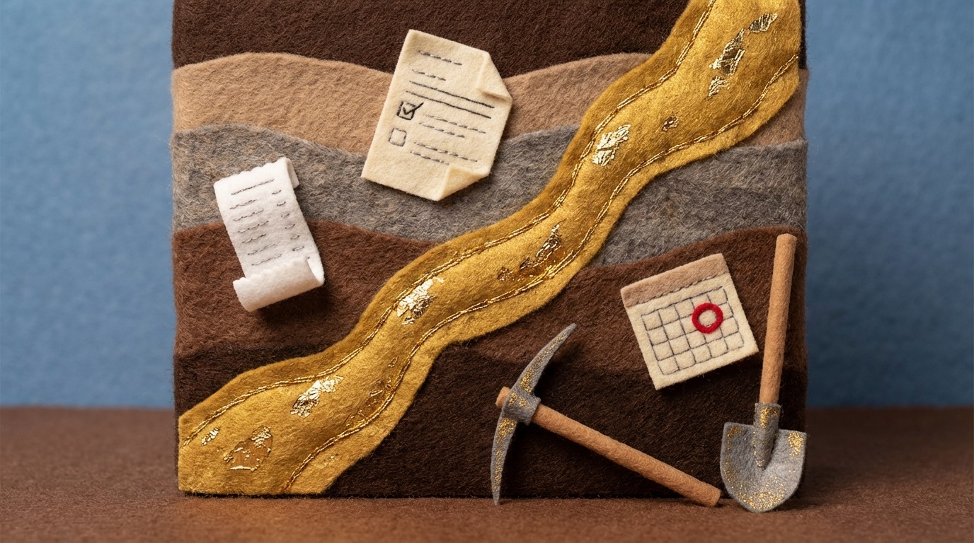 A shimmering, stylized vein of gold ore running through a cross-section of earth. Various everyday office items are subtly embedded within the earth layers, like a small receipt, a customer feedback form, and a calendar page, suggesting that valuable insights are hidden within routine data. A pickaxe and shovel lie nearby, indicating the need for effort to extract this value. The mood is one of discovery and potential. Dominant colors are earthy browns and grays, with striking metallic gold veins.
