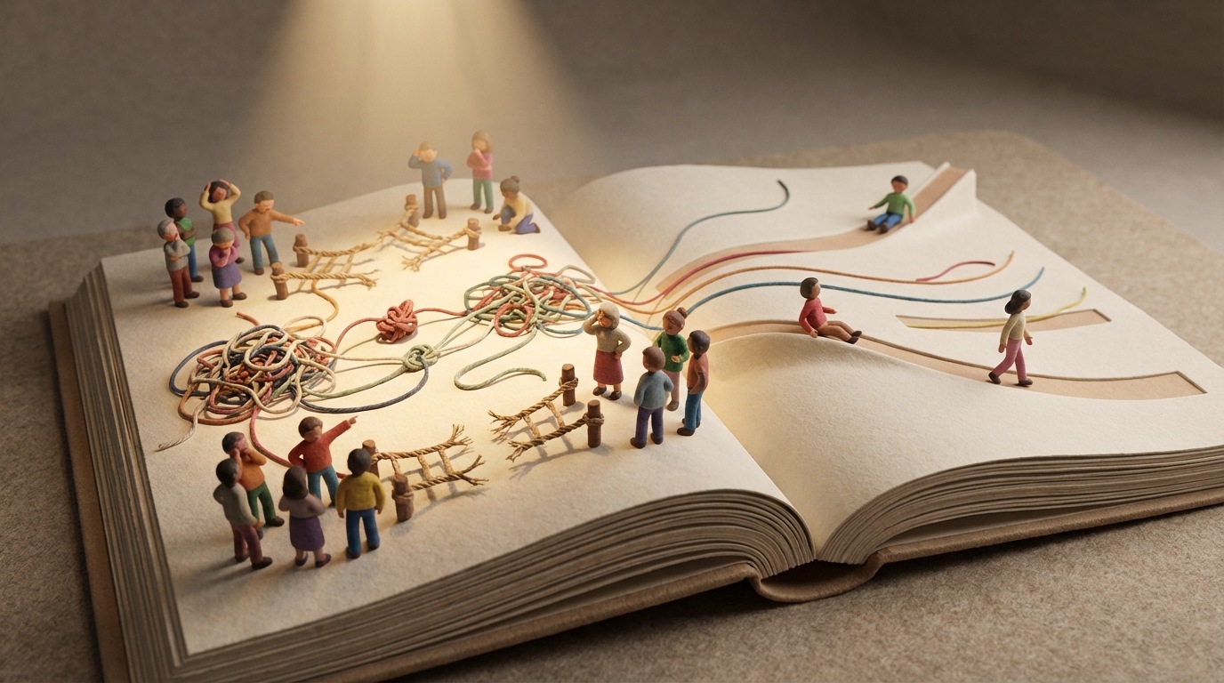 A large, open book with pages that visually represent website sections. On some pages, small, stylized figures are clustered and appear stuck or confused, pointing at complex text or broken links. Other pages are smooth and clear, with figures moving easily. A spotlight shines on the "stuck" areas, highlighting problem spots. The composition is a slightly elevated view, focusing on the book's pages.