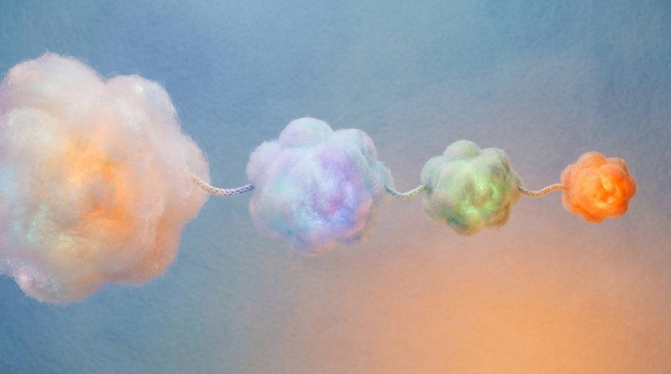 A sequence of translucent, cloud-like shapes arranged horizontally, illustrating the progression of a customer's search intent. The first shape is large and vague, containing a general question like "How to solve X?". Subsequent shapes become smaller and more specific, showing evolving queries like "Best solution for X in my area", and finally a very specific, actionable query like "Buy solution X near me". The background is a soft, abstract gradient, and the shapes are connected by subtle lines, indicating a flow of thought.