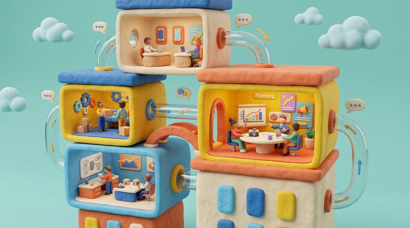 A stylized illustration of a company's internal structure. Various departments (sales, marketing, product development, operations) are depicted as interconnected rooms within a single building, suggesting seamless communication and collaboration. The marketing department is highlighted, showing individuals actively engaged in tasks.