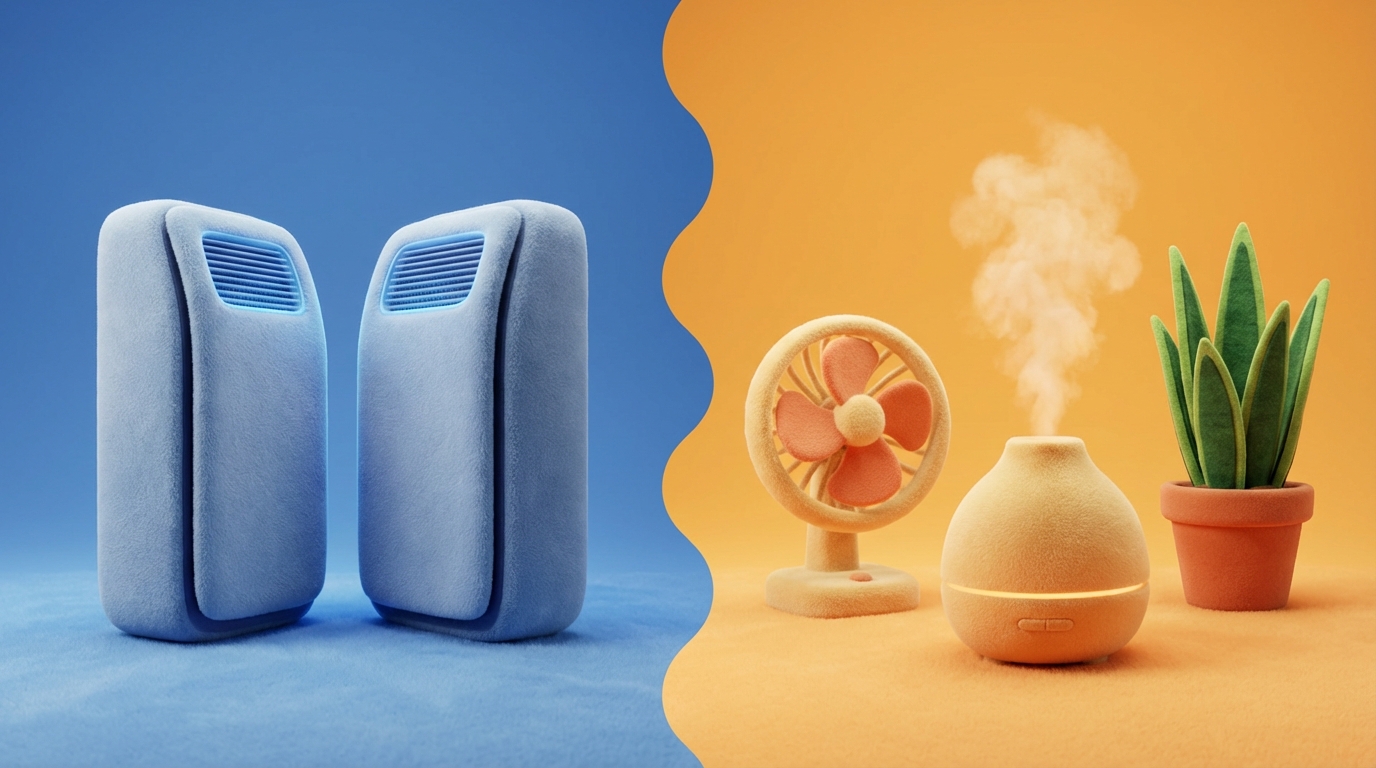 A split composition with a clear, but slightly wavy vertical divider. On the left side, two identical or very similar products (e.g., two generic boxes) are positioned in a direct face-off. On the right side, a variety of different, but related products are arranged around a central, implied problem. For example, on the left, two identical-looking industrial fans. On the right, a small portable fan, a window air conditioner, and a humidifier, all subtly addressing "air quality." The mood is analytical. Contrasting color palettes for each side, perhaps cool blues for direct and warm yellows for indirect.