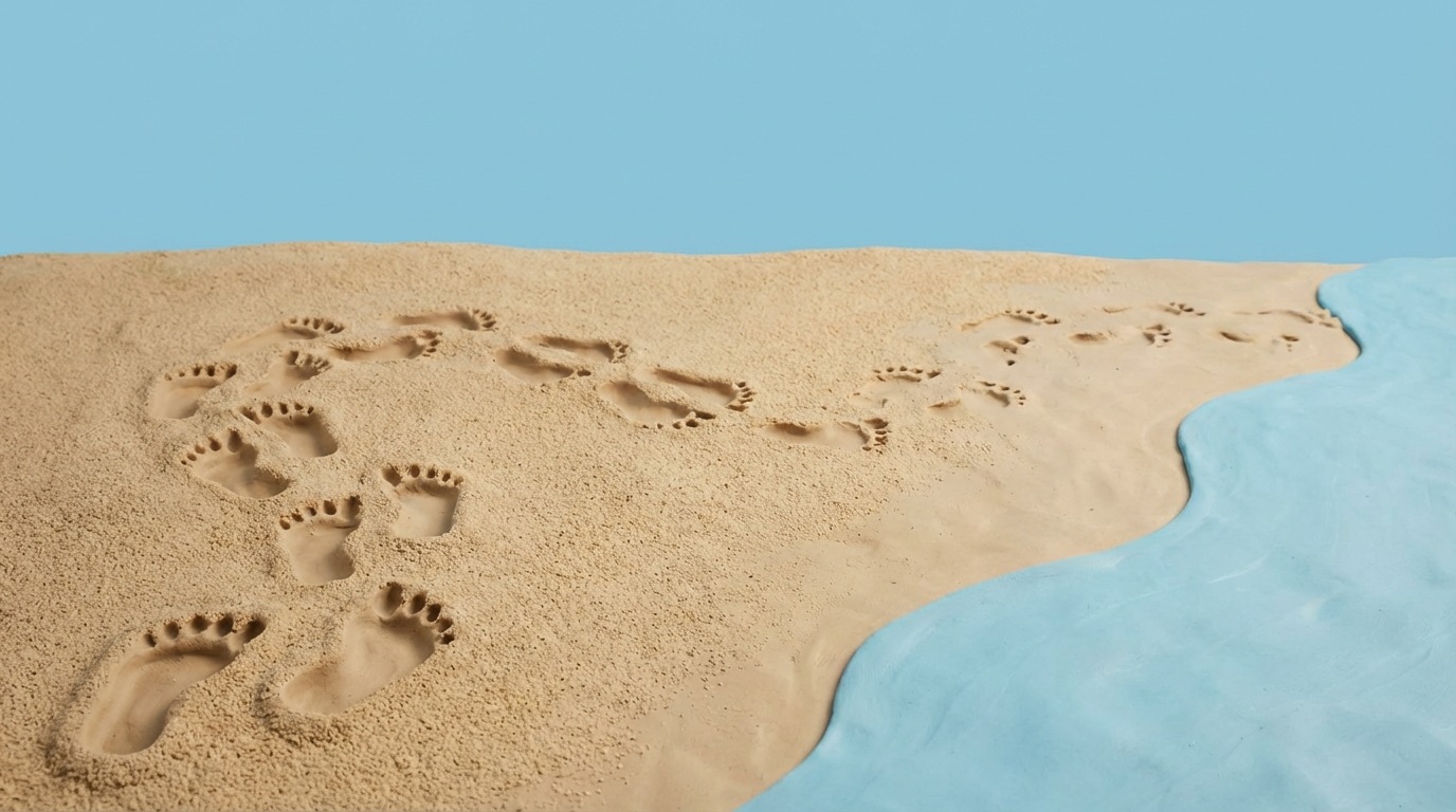 A series of footprints on a beach, starting strong and clear, but gradually fading and becoming intermittent, eventually disappearing altogether. This illustrates the effect of inconsistent activity on social media platforms.