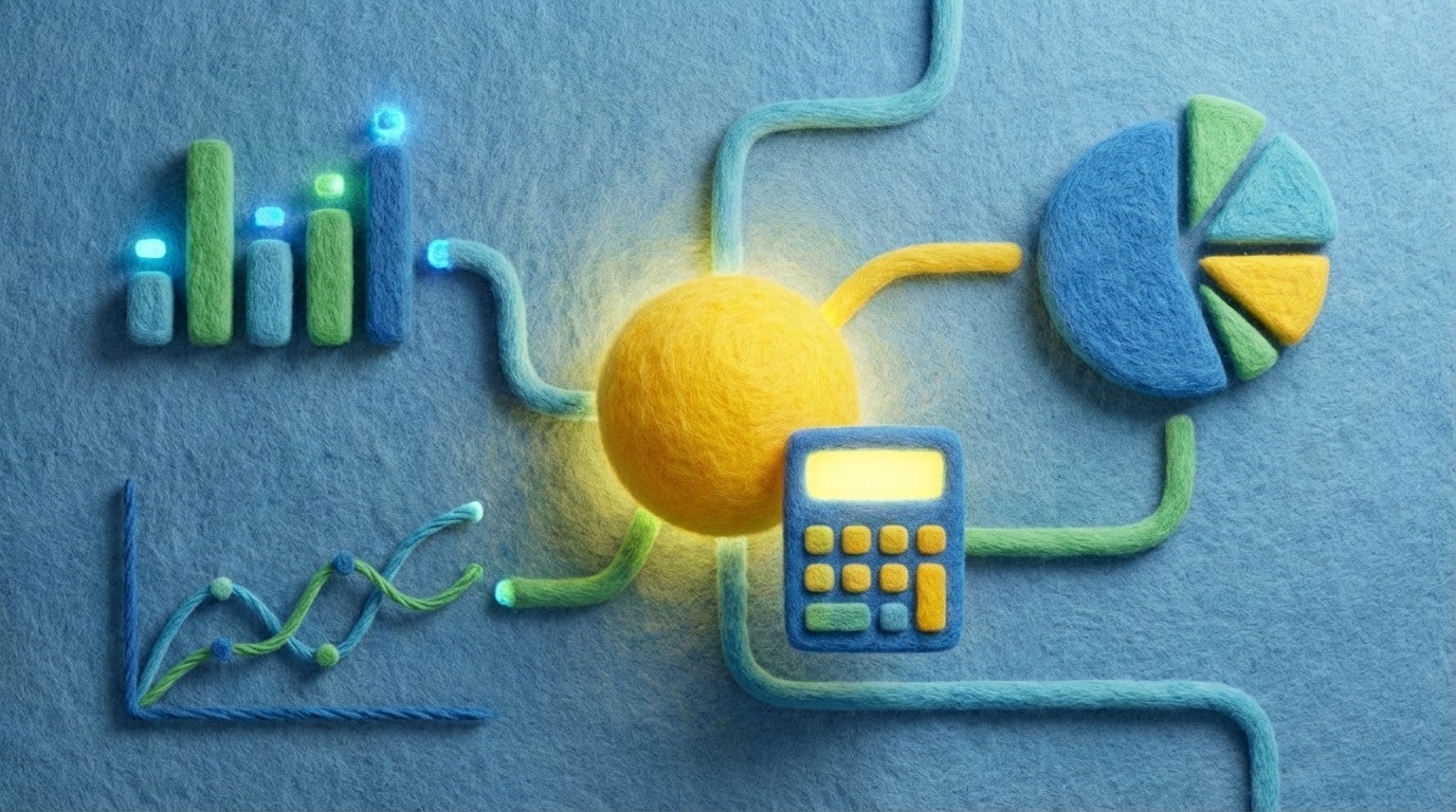 A complex but clear data visualization. A central glowing orb represents "Budget," with lines extending to various data points displayed as small, interactive charts and graphs. These include bars showing lead quality, lines tracking engagement, and pie charts indicating sales attribution. A stylized calculator icon is prominently placed nearby, emphasizing ROI calculation. The overall mood is analytical and data-driven, with a color palette of cool blues, greens, and vibrant yellow highlights.