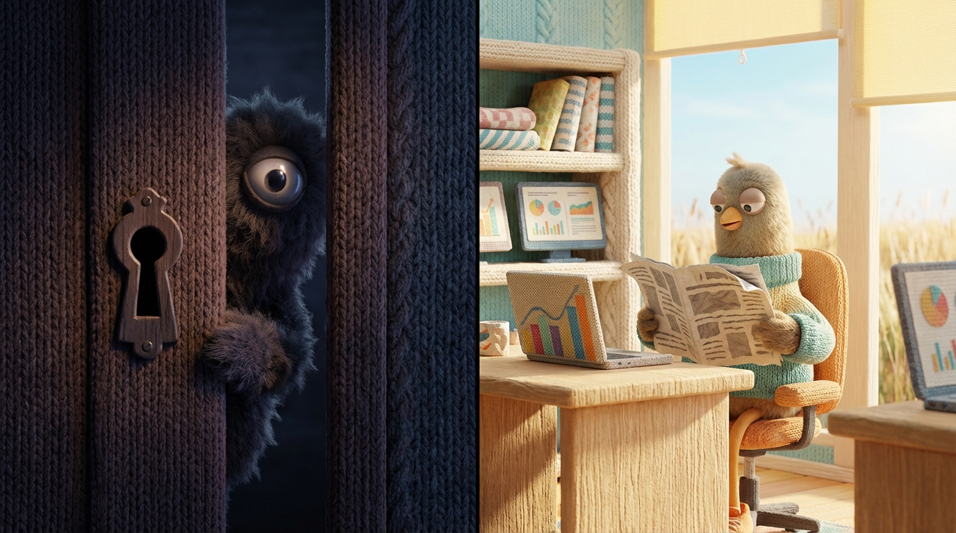 A split image divided vertically. On the left, a shadowy figure peeking through a keyhole, with a dark, muted color scheme and a sense of secrecy. On the right, a bright, open office space with a person calmly reading a newspaper and browsing a laptop, surrounded by visible, accessible documents and screens. The contrast is stark, highlighting transparency versus hidden actions. Bright, airy colors on the right, dark and secretive on the left.