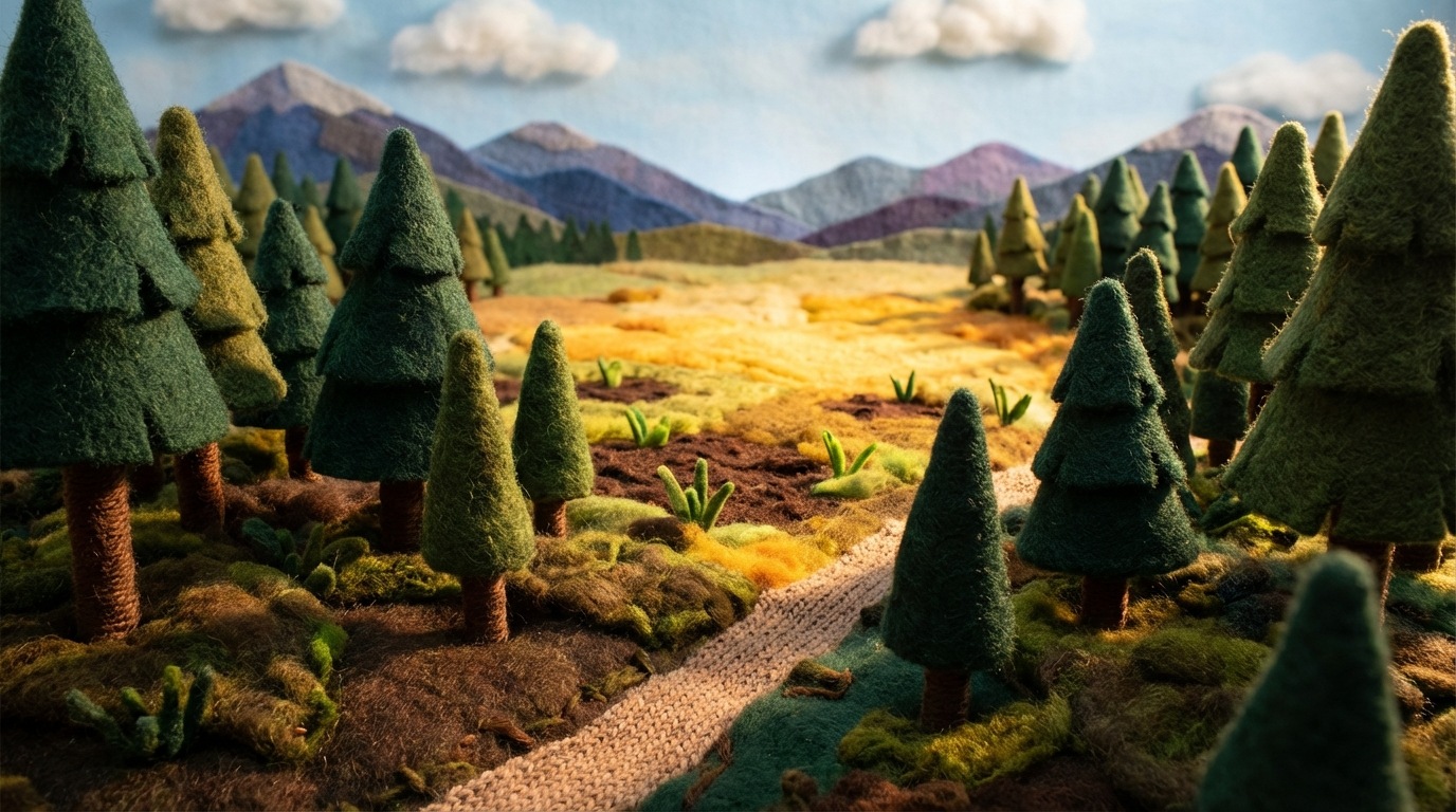 A vast, open landscape viewed from a slightly elevated perspective. In the foreground, a dense, familiar forest. In the mid-ground, a clearing bathed in warm, inviting sunlight, revealing new, fertile ground and distant, unexplored mountains. A path subtly leads towards the illuminated clearing, symbolizing new opportunities.