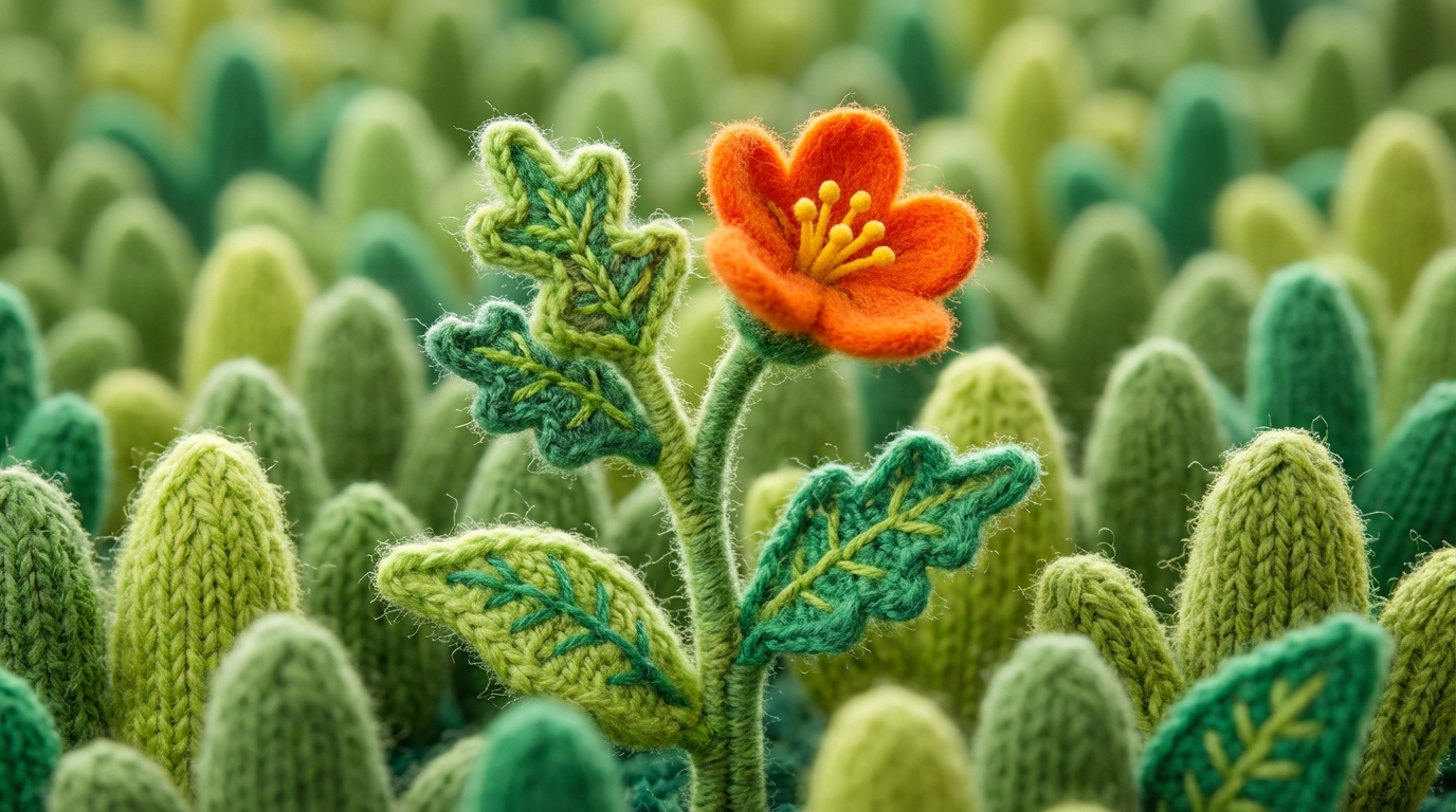 A close-up, slightly elevated view of a vibrant, unique plant with distinct, intricate leaves and a single, bright orange flower, standing out prominently against a blurred background of many identical, generic-looking green plants. The unique plant is positioned slightly off-center, drawing the eye. The color palette is fresh and lively, with varying shades of green and a strong, contrasting pop of orange, conveying uniqueness and growth, symbolizing competitive advantage.