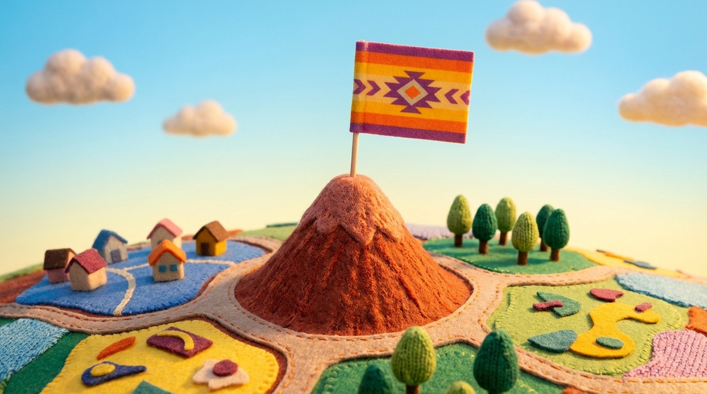 A stylized, brightly colored flag firmly planted on a small, elevated peak within a larger, diverse landscape. The flag represents a distinct identity and claimed territory. Around the peak, various paths lead to different, smaller areas, illustrating niche markets. The sky above is clear, suggesting a well-defined space.