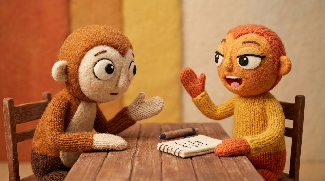 Two stylized figures sitting across a table, engaged in a conversation. One figure is actively listening, leaning slightly forward with an open posture, while the other is speaking clearly and confidently. A notepad with key points and a pen are on the table between them, suggesting preparedness. The atmosphere is calm and professional, emphasizing respectful dialogue and active engagement. The color palette is warm and inviting, promoting trust.