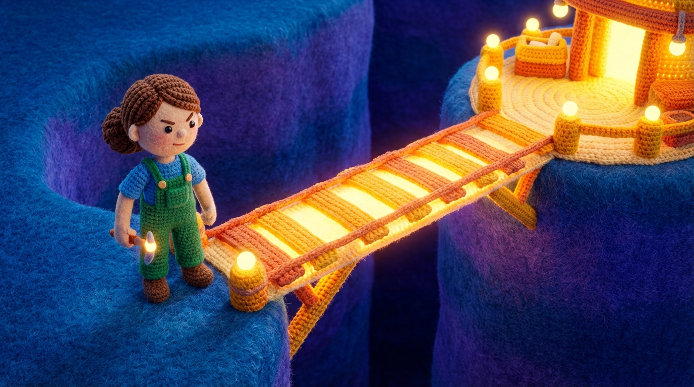 A slightly elevated view of a person standing at the edge of a wide chasm, looking across to a brightly lit, inviting platform on the other side. A sturdy, glowing bridge is partially built, extending halfway across the gap, symbolizing an ambitious but achievable goal. The person is looking determined, ready to build the rest of the bridge. The scene uses deep blues for the chasm and warm yellows for the platform and bridge, conveying ambition and the possibility of reaching new heights.