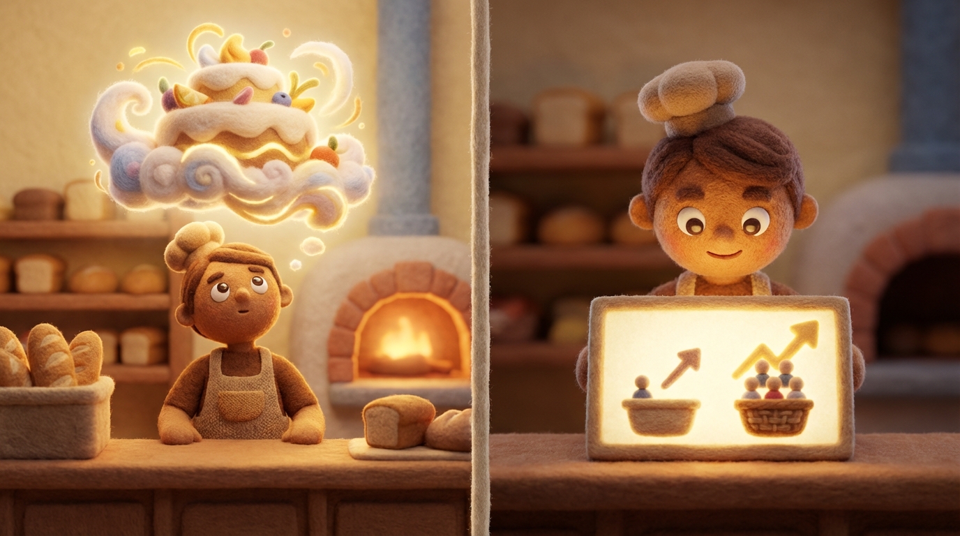 A two-panel illustration. The left panel shows a baker in a small, cozy bakery, looking up thoughtfully at a large, beautifully imagined cake floating in the air, representing an inspiring but abstract goal like 