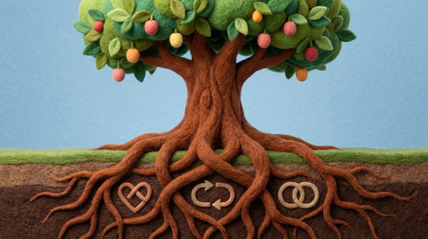 A stylized, robust tree with deep, intertwining roots visibly extending beneath the ground. Above ground, the tree is lush and full of vibrant green leaves, with a few small, stylized fruits hanging from its branches. The roots are intricately detailed and labeled with abstract symbols representing loyalty, feedback, and repeated interactions, emphasizing their foundational strength. The composition highlights the hidden, yet vital, support system. Earthy tones for the roots and trunk, contrasting with vibrant greens for the leaves and soft, inviting colors for the fruits.
