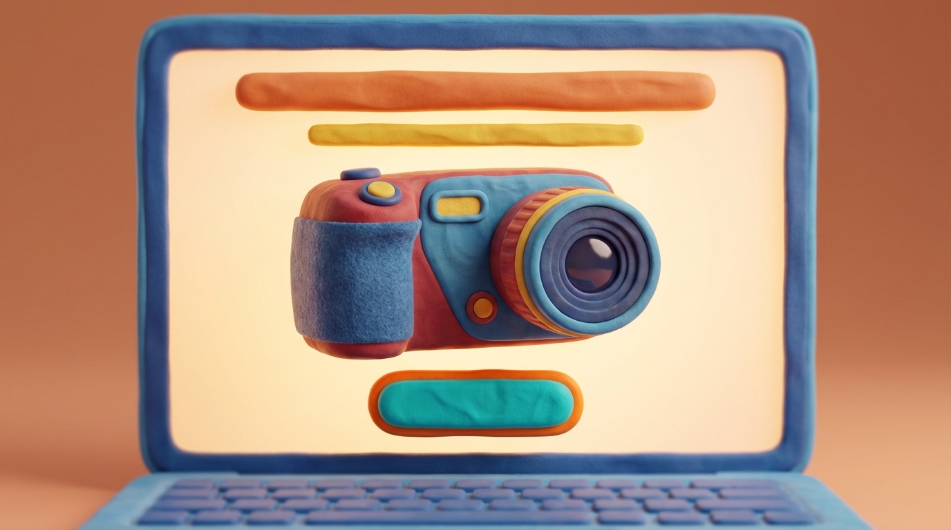 A close-up, top-down view of a laptop screen displaying the very top portion of a web page. A large, bold headline is clearly visible, followed by a concise sub-headline. A captivating, high-quality image of a product (e.g., a sleek, modern device or a service in action) takes up most of the screen space. A brightly colored, prominent button with a clear call to action is also visible, positioned strategically to catch the eye. The edges of the screen are slightly blurred to emphasize the content. Warm, inviting colors dominate the screen content, suggesting immediate engagement.