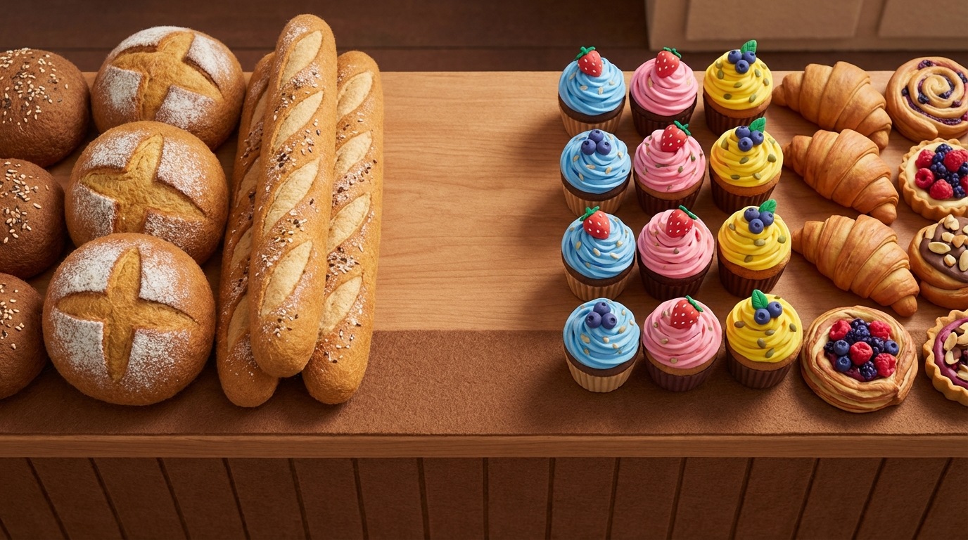 A vibrant, overhead view of a bakery counter displaying a variety of appealing baked goods. On one side, traditional loaves of bread are neatly arranged. On the other, colorful, artistically decorated cupcakes and pastries, some with visible fruit or seeds, are displayed prominently, suggesting innovation and variety. The lighting is bright and inviting.