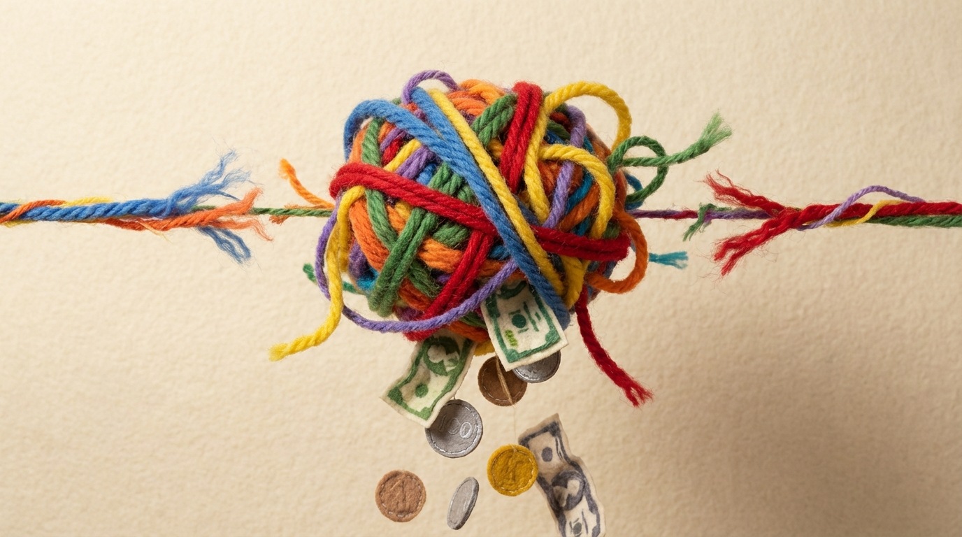 An abstract illustration of various colored threads tangled together in a messy knot, with some threads frayed and breaking off. Several coins and bills are visibly falling away from the knot, signifying wasted resources and financial loss. The background is simple, accentuating the disarray of the threads. The overall mood is one of inefficiency and missed potential.