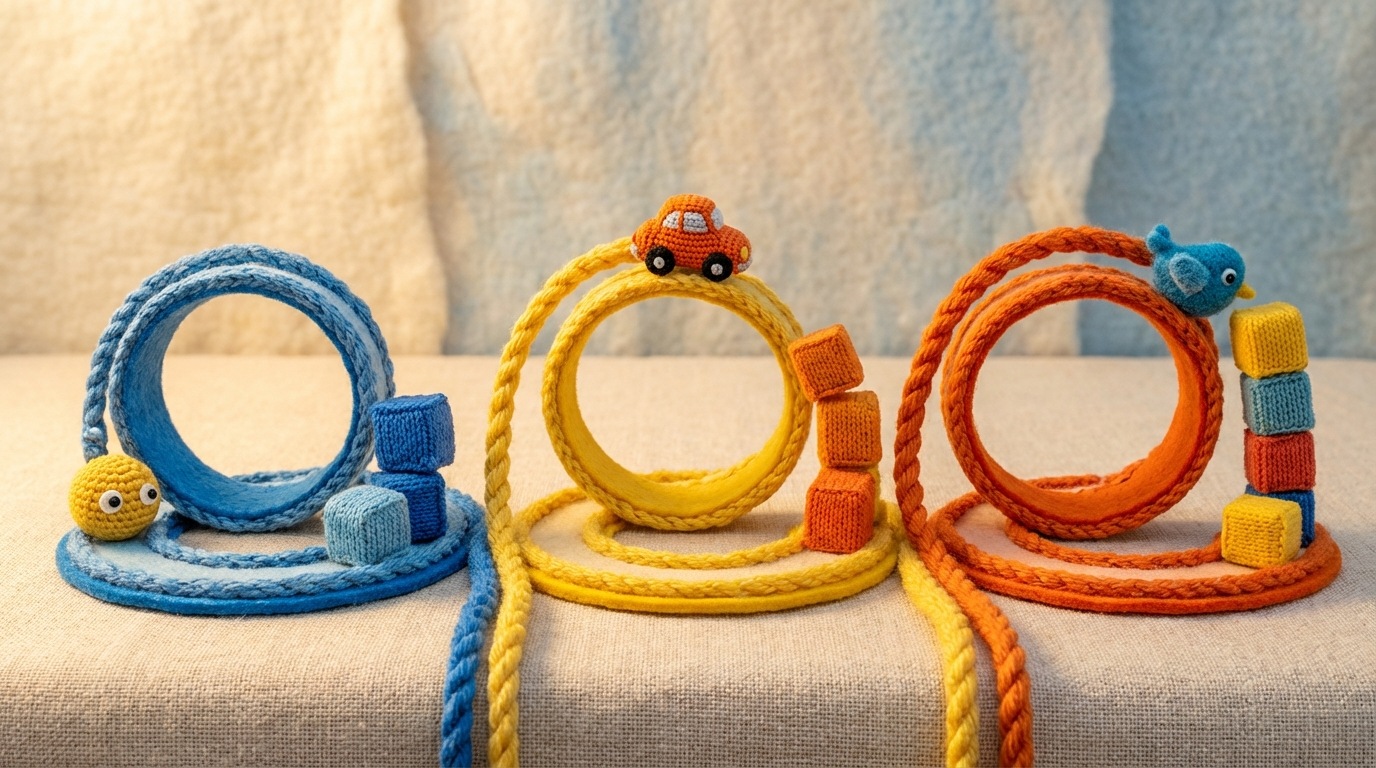 A series of three distinct, circular tracks arranged sequentially from left to right. Each track represents a "sprint" and contains a small, moving object completing a full loop. At the end of each track, a small, tangible block is added to a growing, larger structure, symbolizing the incremental product. The overall effect is one of consistent, repeated progress leading to a complete whole. Dynamic, flowing lines connect the tracks, and the mood is one of steady achievement. Bright, optimistic color scheme with a focus on blues, yellows, and oranges.