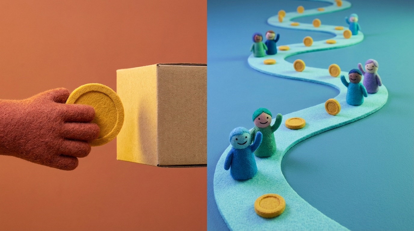 A split image divided vertically down the middle. On the left side, a stylized hand is exchanging a single, large coin for a generic, unlabeled product box. The background is stark and singular. On the right side, a winding, continuous path stretches into the distance, with small, identical coins appearing at regular intervals along its length. The path is lined with small, stylized customer figures. The left side uses a warm, immediate color palette, while the right side features cooler, more enduring tones, emphasizing the shift from a one-time transaction to a sustained relationship.