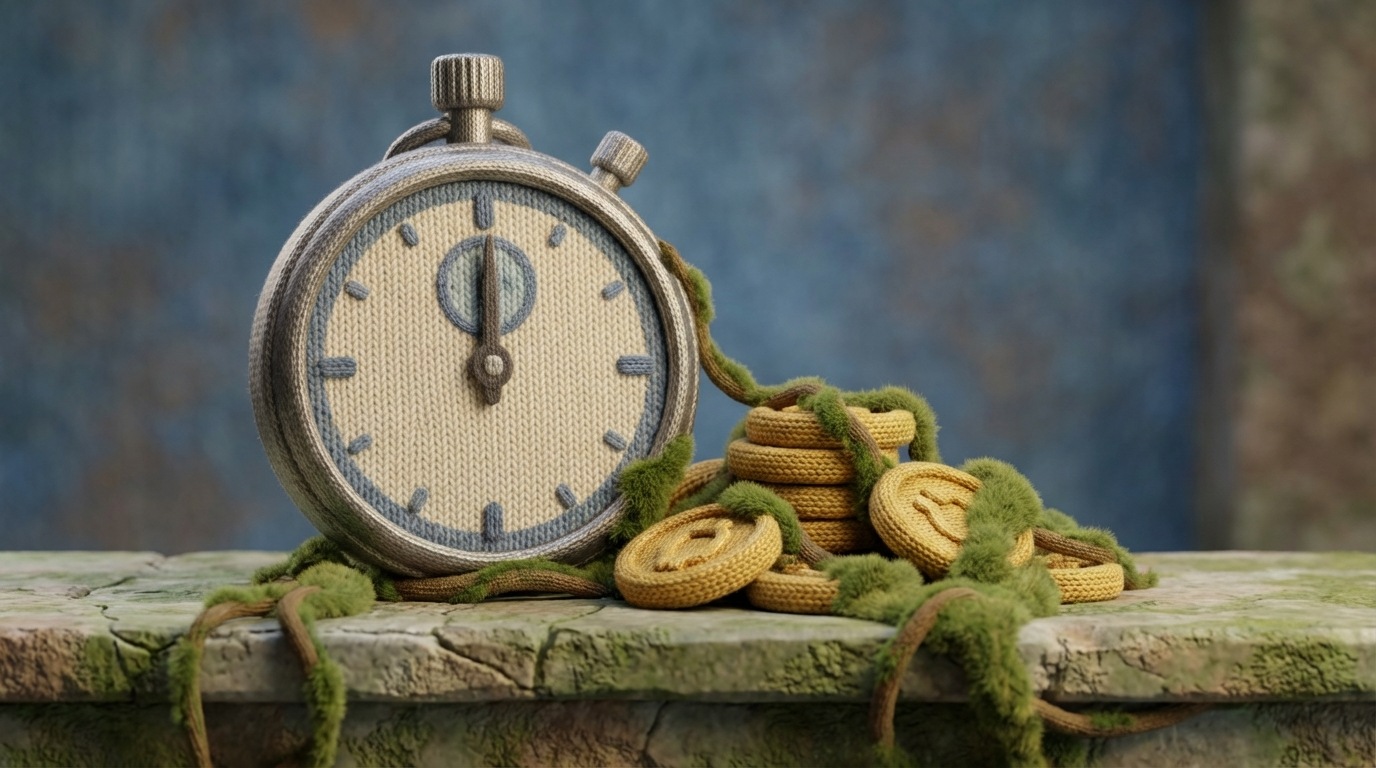 A large, old-fashioned stopwatch with its hand frozen, indicating a pause. Next to it, a small pile of gold coins is slowly being covered by encroaching vines and moss, symbolizing lost opportunity and value due to inaction. The scene has a slightly overgrown, forgotten feel, with muted greens and browns.