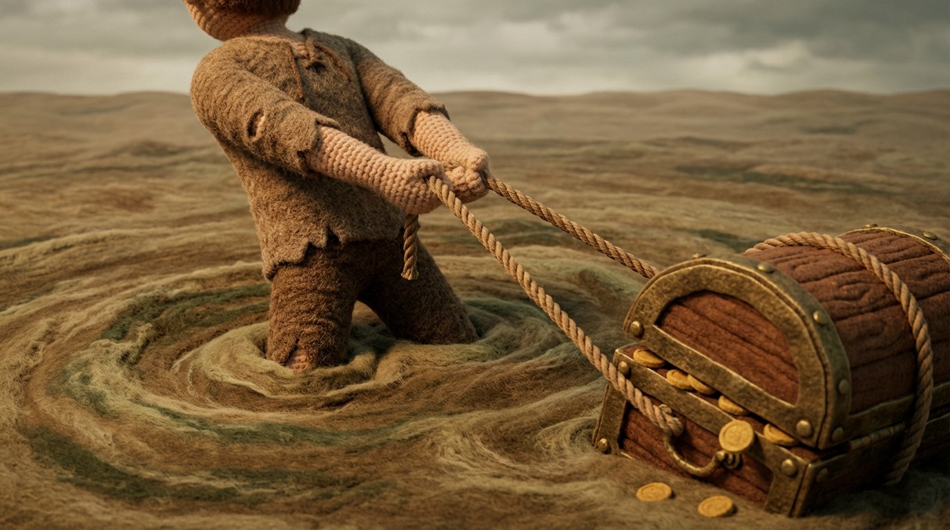 A person, seen from a slight aerial view, is standing knee-deep in quicksand, desperately trying to pull out a heavy, ornate wooden chest that is already mostly submerged. The person's face is not visible, but their posture conveys intense struggle and determination. The quicksand extends far into the background, with no solid ground or rescue in sight. Some gold coins are visibly spilling out of the partially submerged chest, indicating past, irretrievable investment. A murky, desaturated color palette of browns and greens dominates the scene, creating a sense of entrapment and loss.