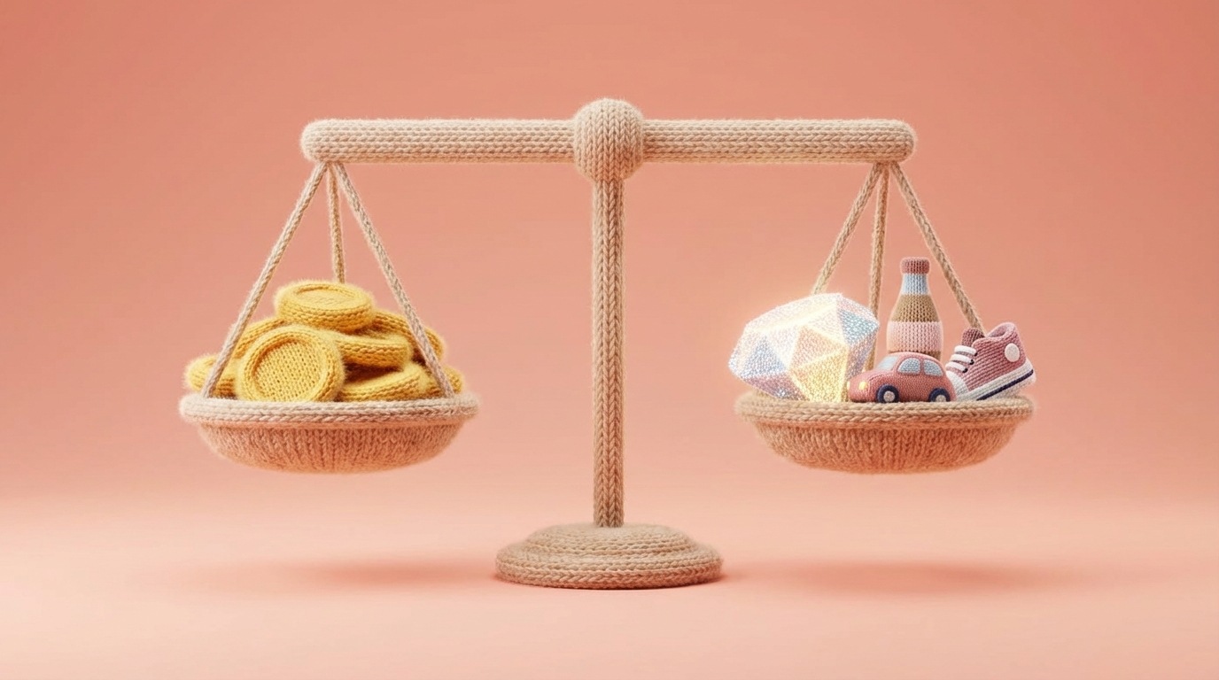 A delicate balancing scale with three distinct weights on each side. One weight represents "Costs" (a pile of coins), another "Perceived Value" (a glowing gem), and the third "Market Competition" (a stylized icon of rival products). The scale is perfectly balanced, symbolizing the intricate act of setting the right price. The background is clean and neutral, emphasizing the precision required.