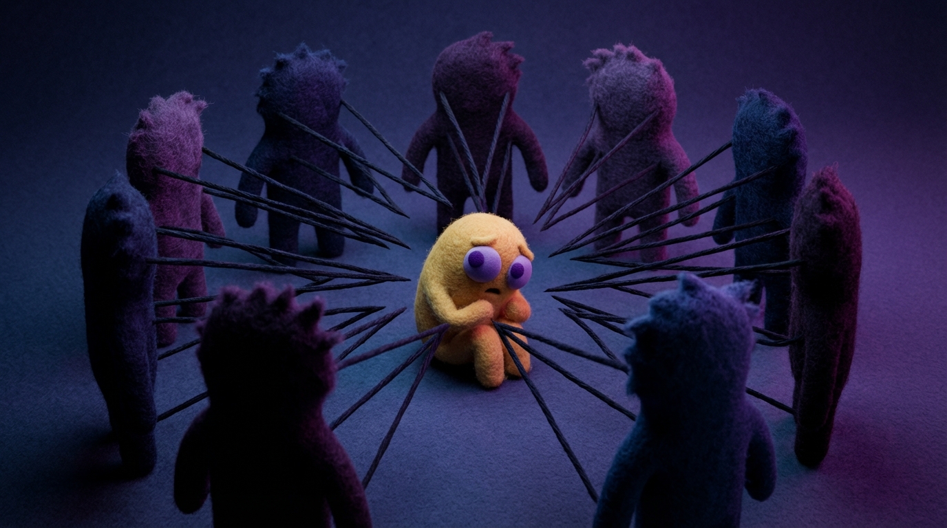 A group of abstract, shadowy figures in a circle, with jagged, sharp lines radiating inwards, creating an uncomfortable, tense visual field. One figure in the center appears smaller and more vulnerable, recoiling slightly from the negative energy. The overall impression is one of subtle hostility and unease, depicted with dark, contrasting colors and sharp, angular edges.