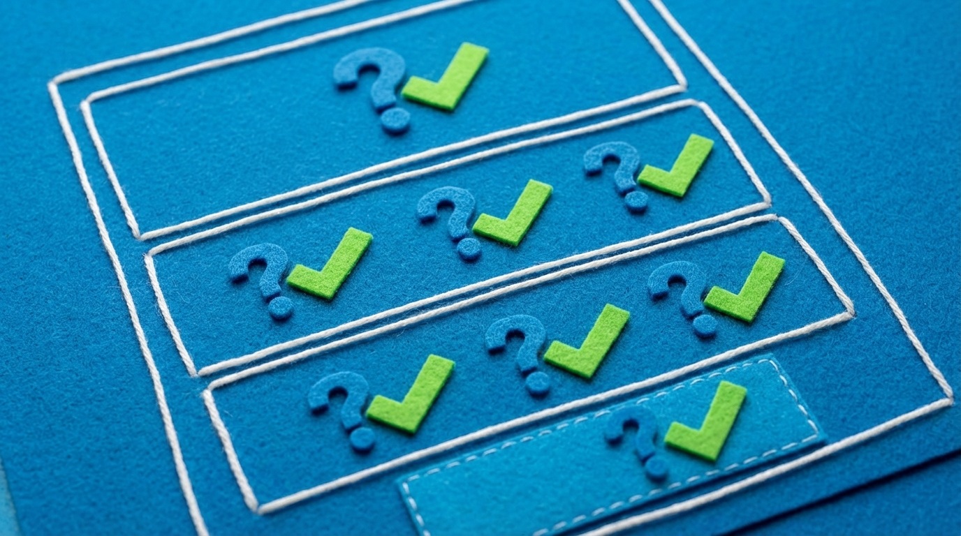 An architectural blueprint of a landing page layout, viewed from above. Each major section of the page (e.g., "Hero Section," "Benefits," "Testimonials," "CTA") is clearly delineated. Within each section, a small, floating question mark icon is being replaced by a checkmark icon, symbolizing how the framework's questions are systematically addressed and resolved within each block. The blueprint lines are crisp and precise, conveying a sense of organized planning. The color palette is professional, with shades of blue and white, accented by green checkmarks.