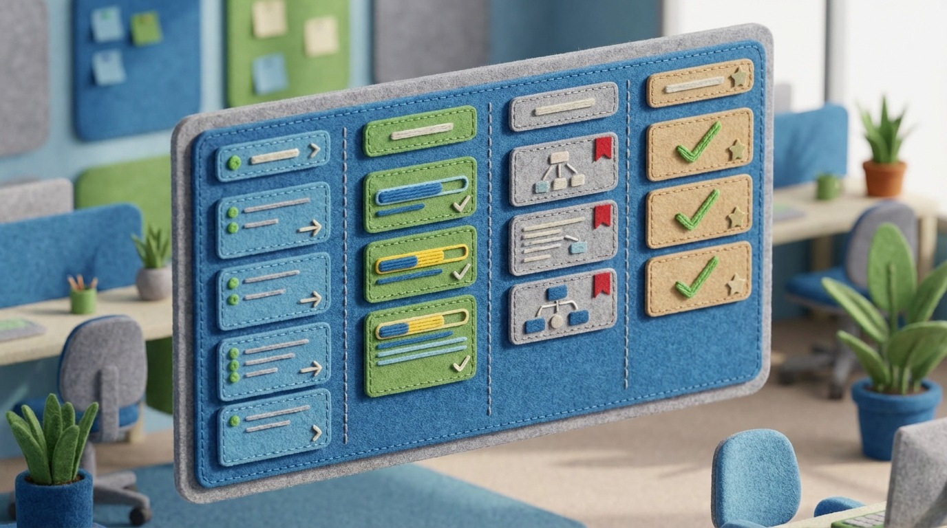A clean, digital Kanban board displayed on a large screen, showing columns like 'To Do', 'In Progress', 'Review', and 'Done'. Each column contains several distinct task cards, some with progress bars or small icons indicating status. The overall layout is orderly and efficient, with a clear visual flow. The background is a soft office setting, slightly out of focus. Professional, organized color palette with muted blues, greens, and grays. Elevated view.