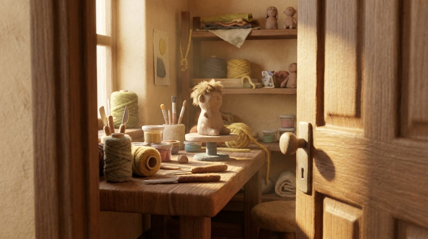 A warm, inviting scene showing a glimpse into a creative workspace. In the foreground, a slightly ajar door reveals a cozy studio or workshop with tools, materials, and a work-in-progress project on a table. Sunlight streams in, creating a welcoming atmosphere. The composition emphasizes curiosity, inviting the viewer to look inside. The color palette is warm and natural, with soft browns, yellows, and muted greens. A slightly low-angle view, as if peeking through the door.