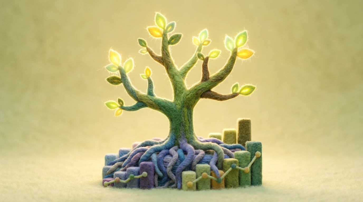 A stylized, growing plant with multiple branches, each representing a different aspect of a business. The roots are firmly embedded in a foundation of data points and analytical charts. Small, glowing leaves sprout from the branches, symbolizing continuous improvement and new growth. The background is a soft, optimistic gradient of green and yellow, conveying a sense of vitality and ongoing development. The overall composition suggests a living, adapting organization driven by insights.