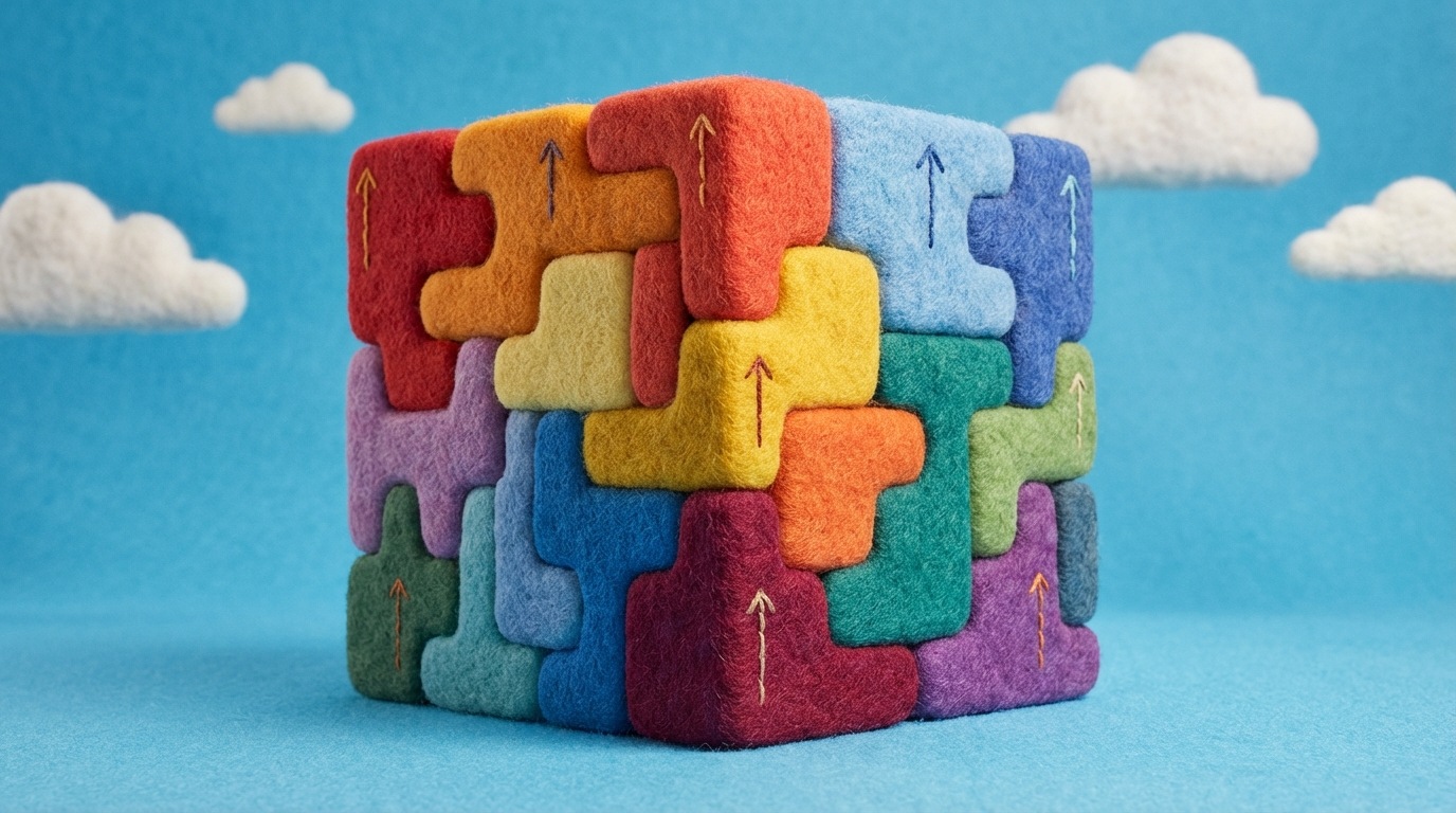 A group of interconnected, abstract shapes forming a larger, stable structure. Each shape is a unique color and texture, but they fit together perfectly, signifying diverse employees contributing to a unified business. Some shapes have small, upward-pointing lines, indicating individual growth. The overall structure is well-lit and appears solid. The color palette is harmonious, with a mix of warm and cool tones. Viewed from a slightly elevated, eye-level perspective, creating a sense of unity and strength.