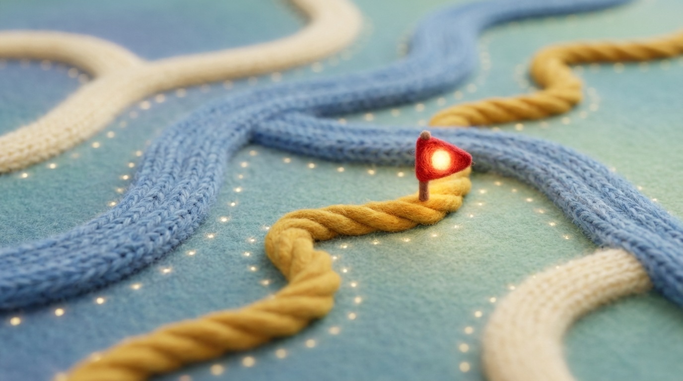 A series of interconnected pathways or roads, some wide and busy, others narrow and less traveled. A small, distinct marker, like a flag or a glowing beacon, is placed on one of the narrower, more specific paths, indicating a targeted approach to finding niche customers. The wider roads are somewhat blurry, while the chosen path is sharp and clear. The overall scene has a map-like quality, with soft, guiding lights.